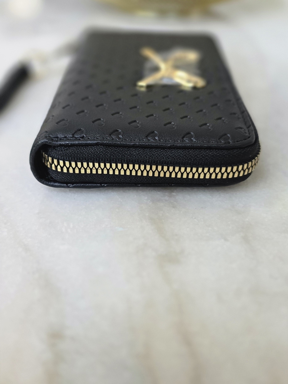 Betsey Johnson Black Heart-Embossed Zip Wristlet with Gold Bow - Picture 4 of 14